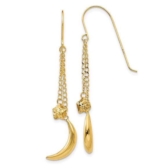 14k Yellow Gold Chain Dangle Puffed Moon & Stars Shepherd Hook Earrings,All Products : American Fashion Style Bags On Sale